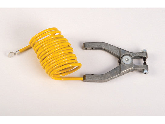Antistatic Insulated Wire for bonding/grounding, with hand clamp and 1/4" terminal, 10 ft. coiled - SolventWaste.com