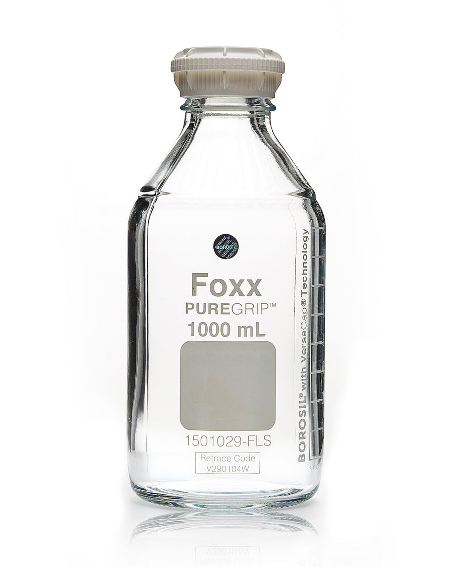 PUREGRIP® Bottles - Reagent - Transparent  Graduated with GL45 Screw Cap and Pouring Ring - 1000mL - 10/case - SolventWaste.com