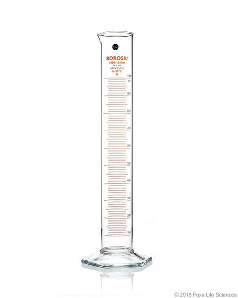 Graduated Measuring Cylinder Hexagonal Base - 1000 mL Borosilicate - CS/4 - SolventWaste.com