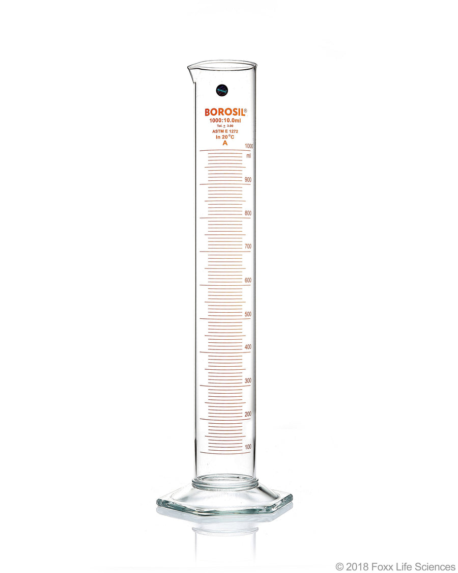 Graduated Measuring Cylinder Hexagonal Base - 1000 mL Borosilicate - CS/4 - SolventWaste.com