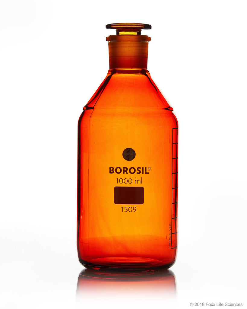 Borosil® Amber Reagent Bottles - Plain - Narrow Mouth - Graduated 1000 mL - 29/32 CS/5 - SolventWaste.com