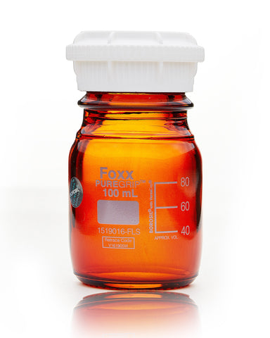 PUREGRIP® Bottles - Reagent - Amber Graduated with GL45 Screw Cap and Pouring Ring - 100mL - 10/case - SolventWaste.com