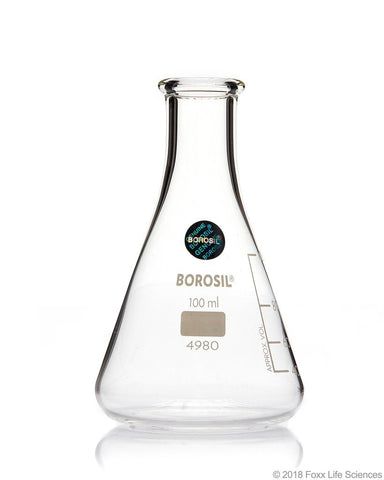 Borosil® Erlenmeyer Conical Flasks Narrow Mouth I/C Stopper 100mL CS/20 - SolventWaste.com
