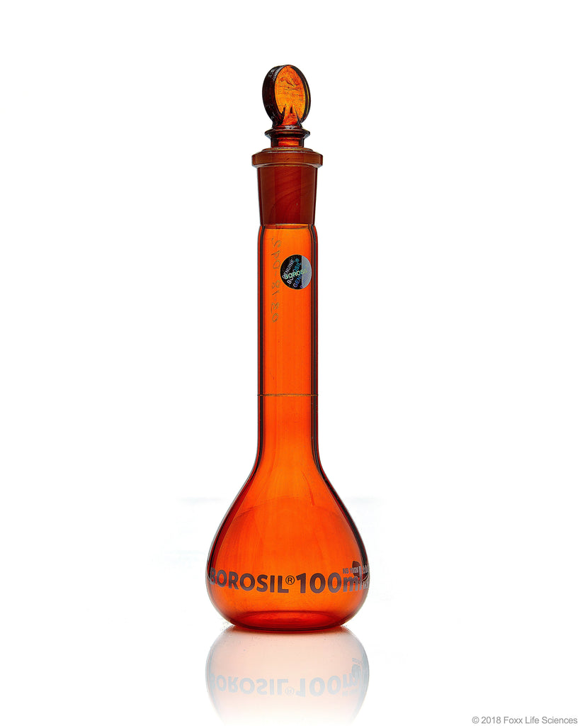 Amber Volumetric Flask - Wide Neck - With Glass I/C Stopper - Class A with Batch certificate - 100mL - SolventWaste.com
