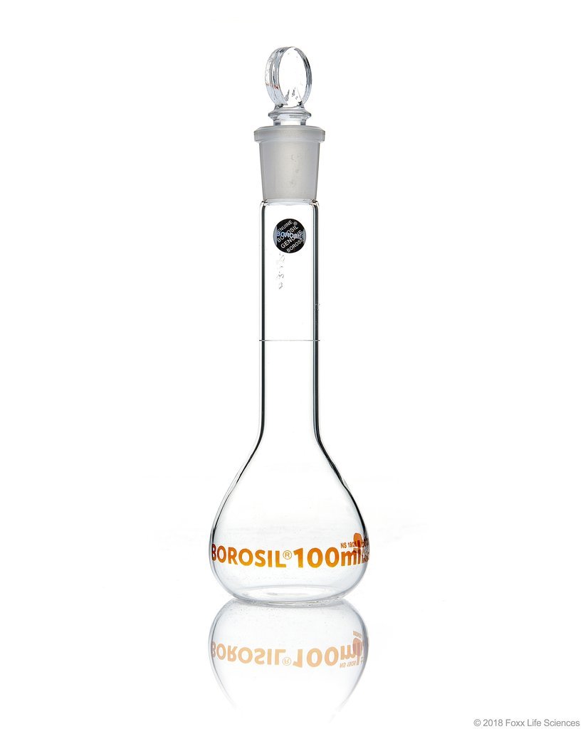 Volumetric Flask - Wide Neck - With Glass I/C Stopper - Class A - Ind Cert 100 mL - SolventWaste.com