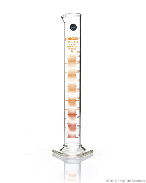 Graduated Measuring Cylinder - Batch Certificate Hexagonal Base - 100 mL Borosilicate - CS/5 - SolventWaste.com