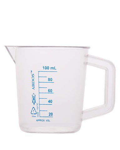 Abdos Printed Beakers with Handle, TPX Polymethyl pentene (PMP) 100ml, 6/CS