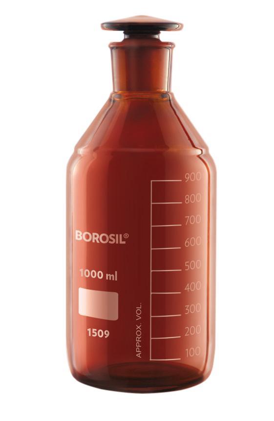 Borosil® Bottles - Reagent - Amber - with Stoppers - 125mL - 19/26 - CS/50 - SolventWaste.com