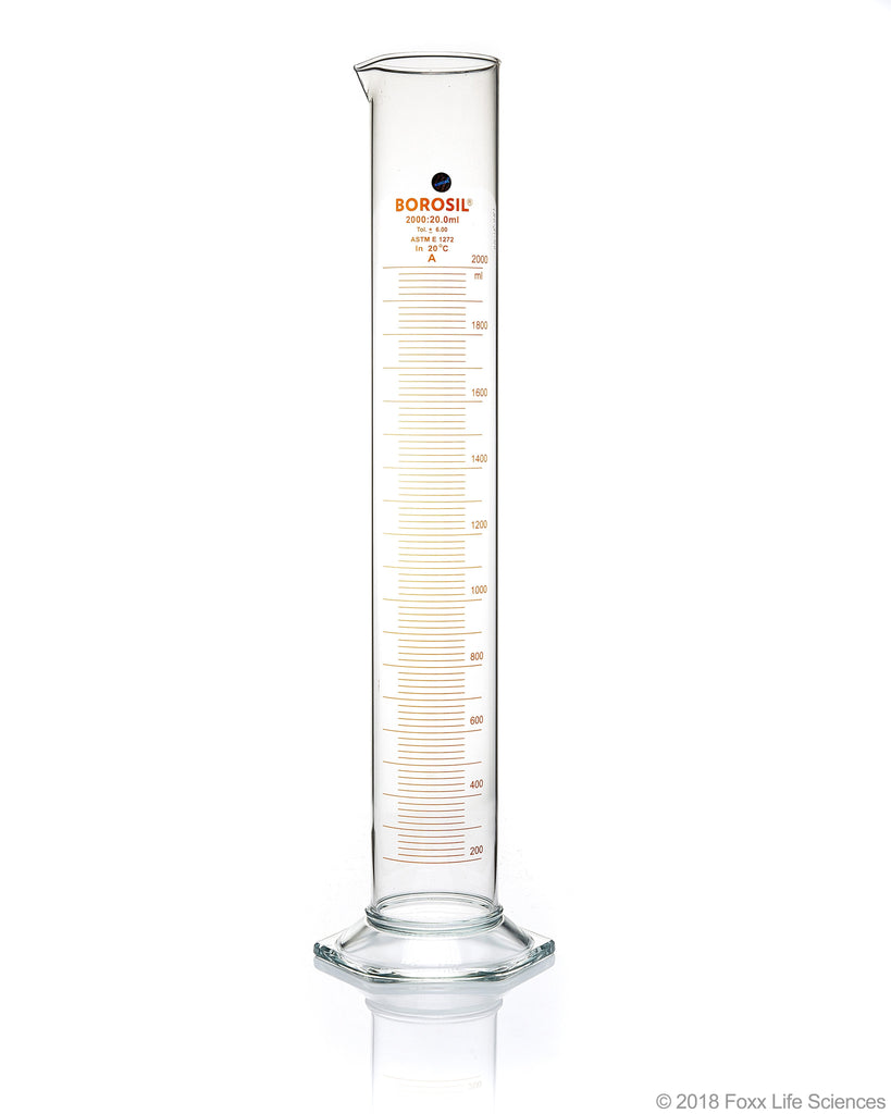 Graduated Measuring Cylinder Hexagonal Base - 2000 mL Borosilicate - CS/4 - SolventWaste.com