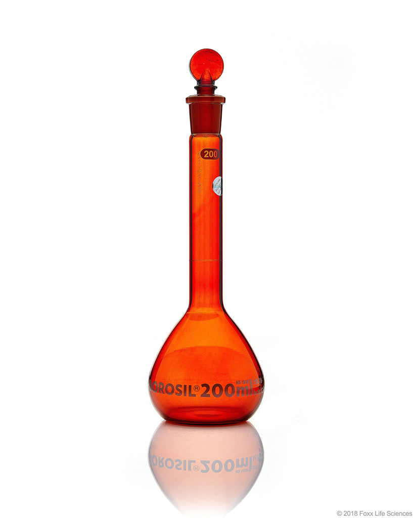 Amber Volumetric Flask - Wide Neck - With Glass I/C Stopper - Class A with Batch certificate - 200mL - SolventWaste.com