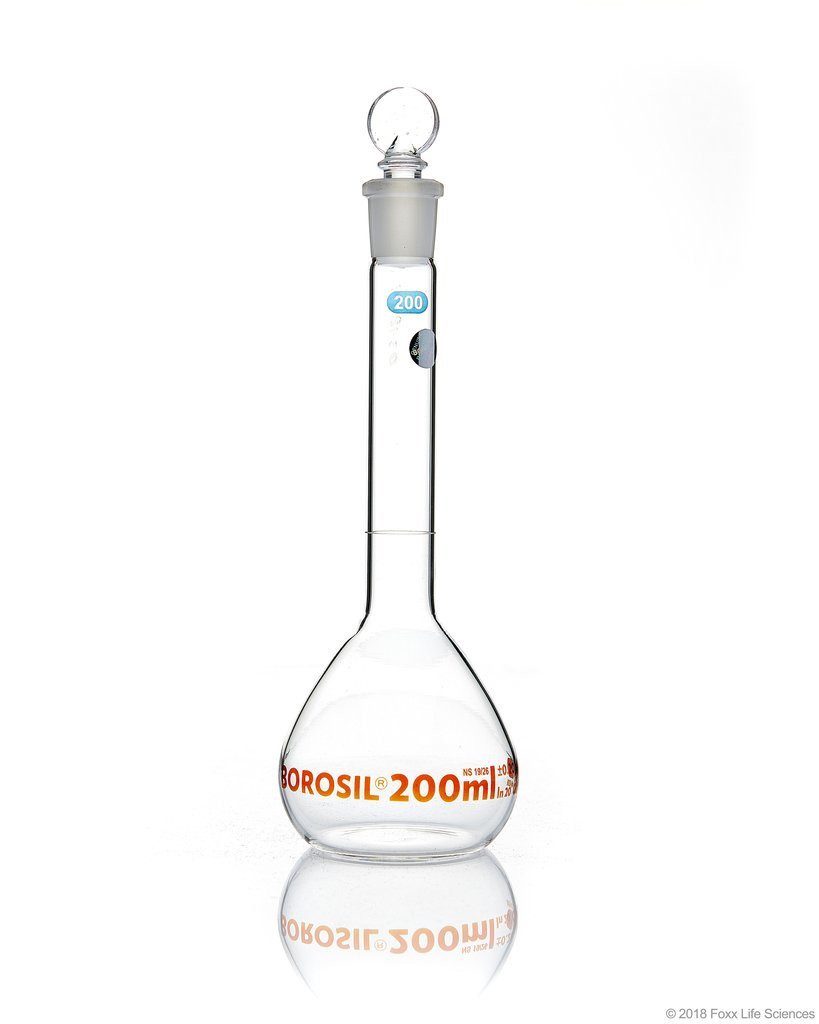 Volumetric Flask - Wide Neck - With Glass I/C Stopper - Class A - Ind Cert 200 mL - SolventWaste.com