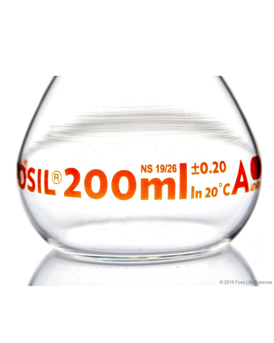 Volumetric Flask - Wide Neck - With Glass I/C Stopper - Class A with Batch certificate - 200mL - SolventWaste.com