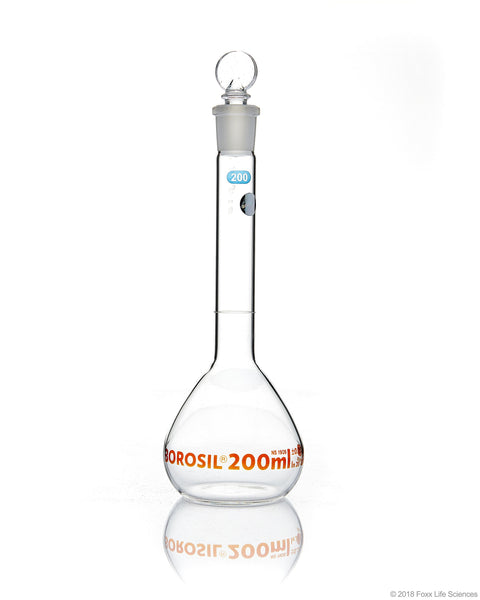 Volumetric Flask - Wide Neck - With Glass I/C Stopper - Class A with Batch certificate - 200mL - SolventWaste.com