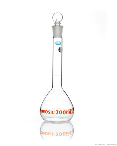 Volumetric Flask - Wide Neck - With Glass I/C Stopper - Class A with Batch certificate - 200mL - SolventWaste.com