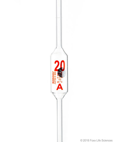 Borosil Volumetric Pipette Bulb Pipette Class A Accuracy ASTM Batch Certificate 20mL Borosilicate - SolventWaste.com