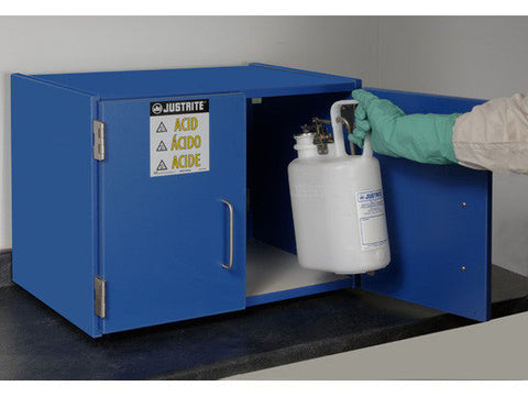 Wood laminate corrosives Countertop safety cabinet, Cap. six 2-1/2 liter bottles, 2 doors - SolventWaste.com