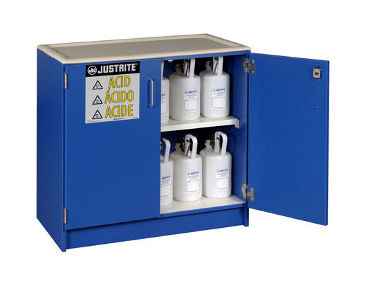 Wood laminate corrosives Undercounter safety cabinet, Cap. thirty-six 2-1/2 ltr bottles, 2 dr - SolventWaste.com
