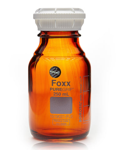 PUREGRIP® Bottles - Reagent - Amber Graduated with GL45 Screw Cap and Pouring Ring - 250mL - 10/case - SolventWaste.com