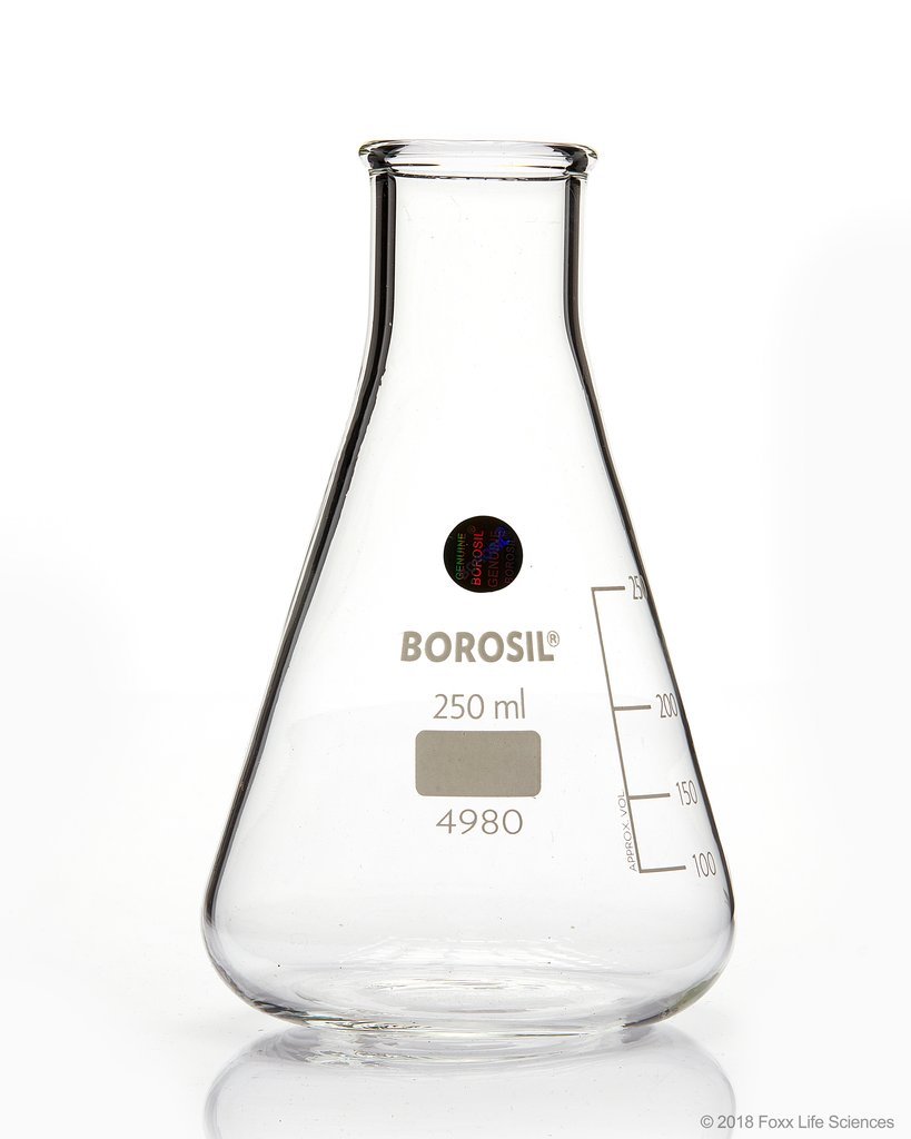 Borosil® Erlenmeyer Conical Flasks Narrow Mouth I/C Stopper 250mL - SolventWaste.com
