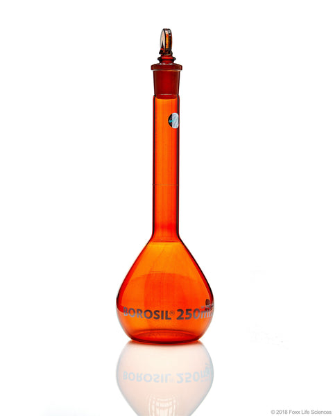 Amber Volumetric Flask, Wide Neck, With Glass I/C Stopper, Class A, Ind Cert 250 mL - SolventWaste.com