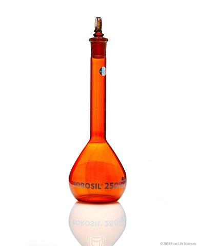 Borosil Amber Volumetric Flask With Glass/Plastic Stopper - ASTM Ind Cert Class A - 500 mL - SolventWaste.com