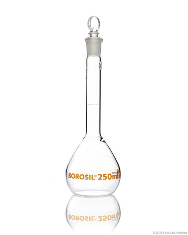 Volumetric Flask - Wide Neck - With Glass I/C Stopper - Class A - Ind Cert 250 mL - SolventWaste.com