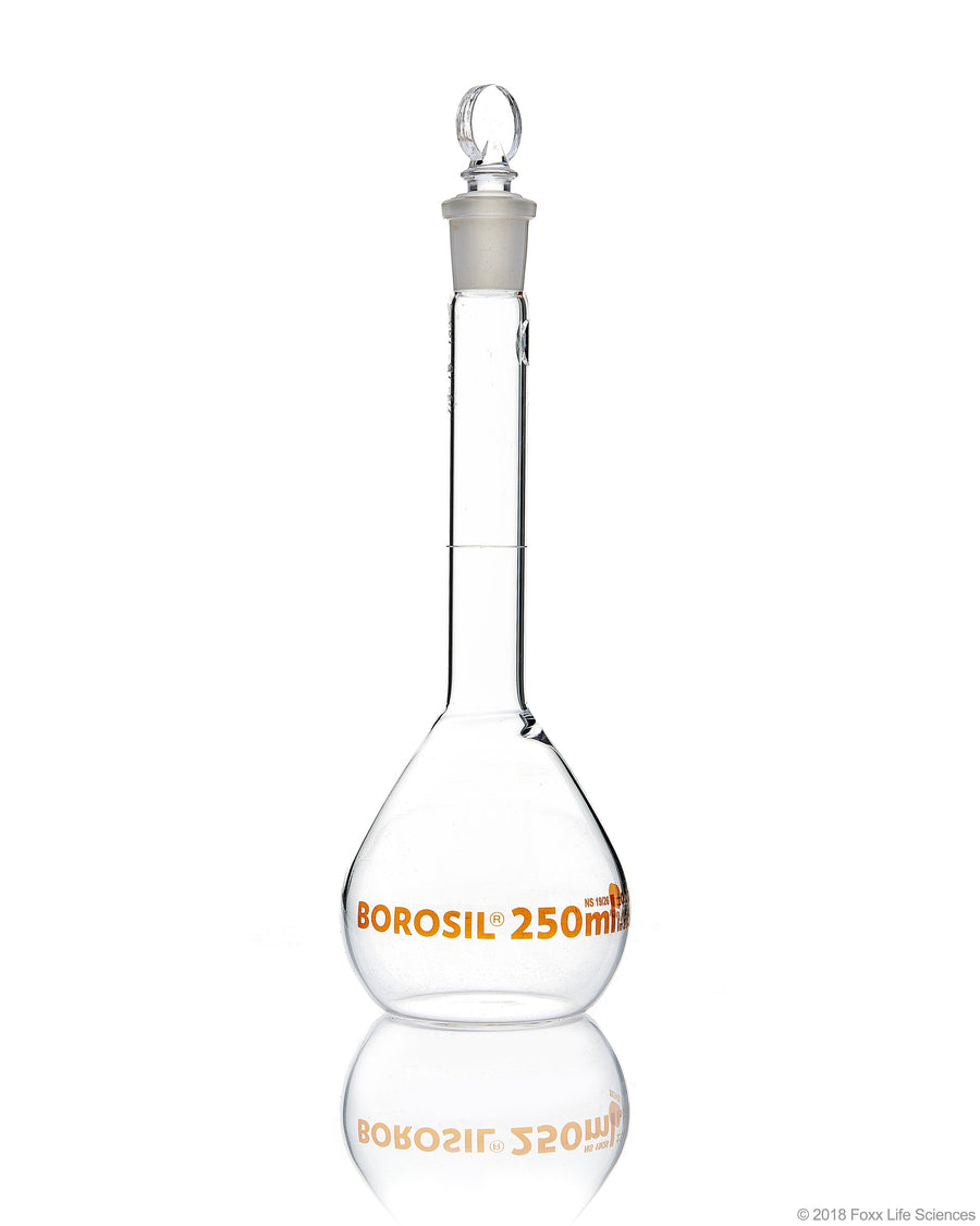 Volumetric Flask - Wide Neck - With Glass I/C Stopper - Class A with Batch certificate - 250mL - SolventWaste.com