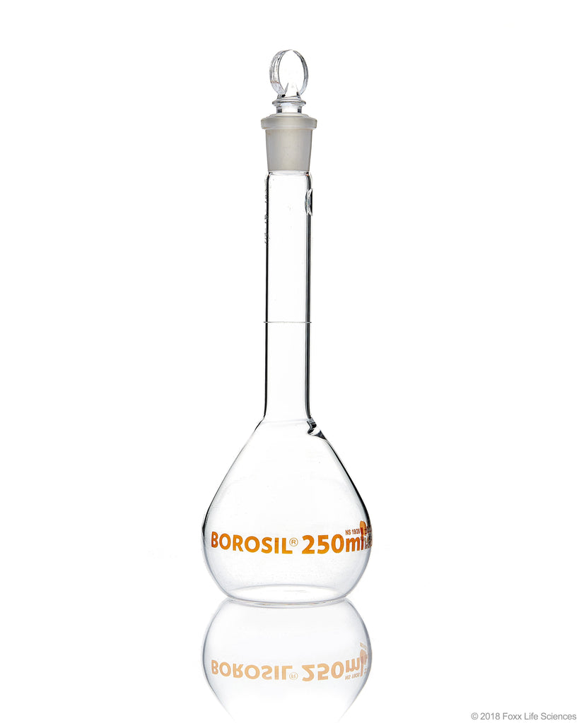 Volumetric Flask - Wide Neck - With Glass I/C Stopper - Class A with Batch certificate - 250mL - SolventWaste.com