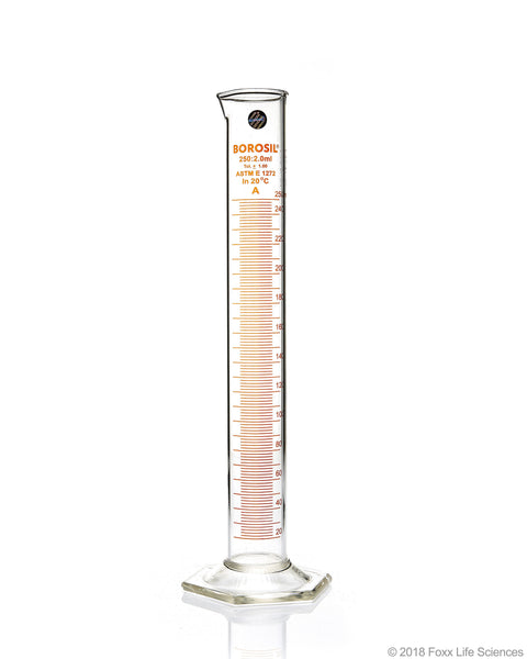 Graduated Measuring Cylinder Hexagonal Base - 250 mL Borosilicate - CS/5 - SolventWaste.com