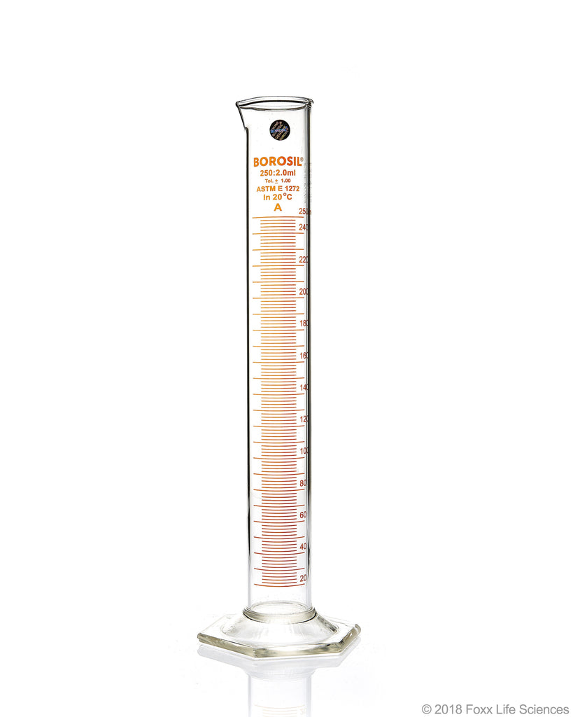 Graduated Measuring Cylinder Hexagonal Base - 250 mL Borosilicate - CS/5 - SolventWaste.com