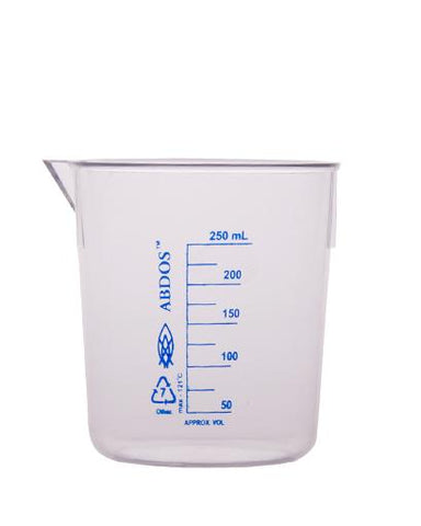 Abdos Printed Beakers without Handle, TPX Polymethyl pentene (PMP) 250ml, 12/CS