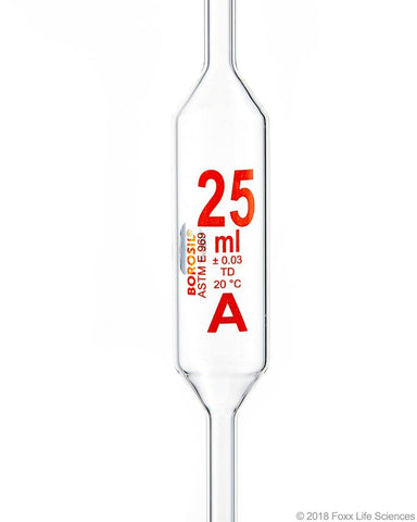 Borosil Volumetric Pipette Bulb Class A ASTM 969 USP Type I Ind Cert 25mL - SolventWaste.com