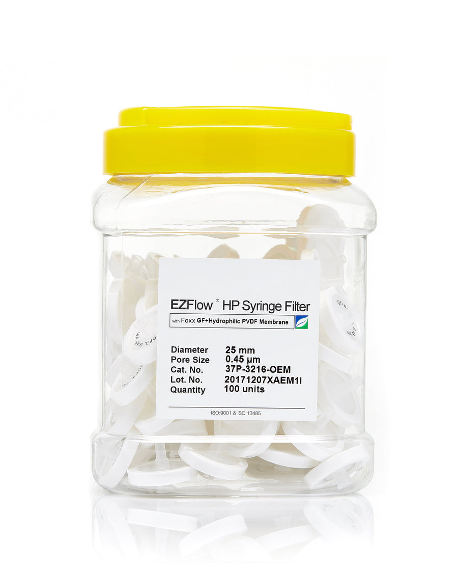 EZFlow® 25mm Syringe Filter, .45µm Hydrophilic PVDF, 100/pack - SolventWaste.com