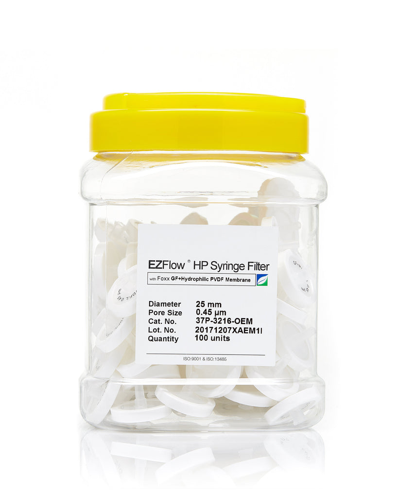 EZFlow® 25mm Syringe Filter, .45µm Hydrophilic PVDF, 100/pack - SolventWaste.com