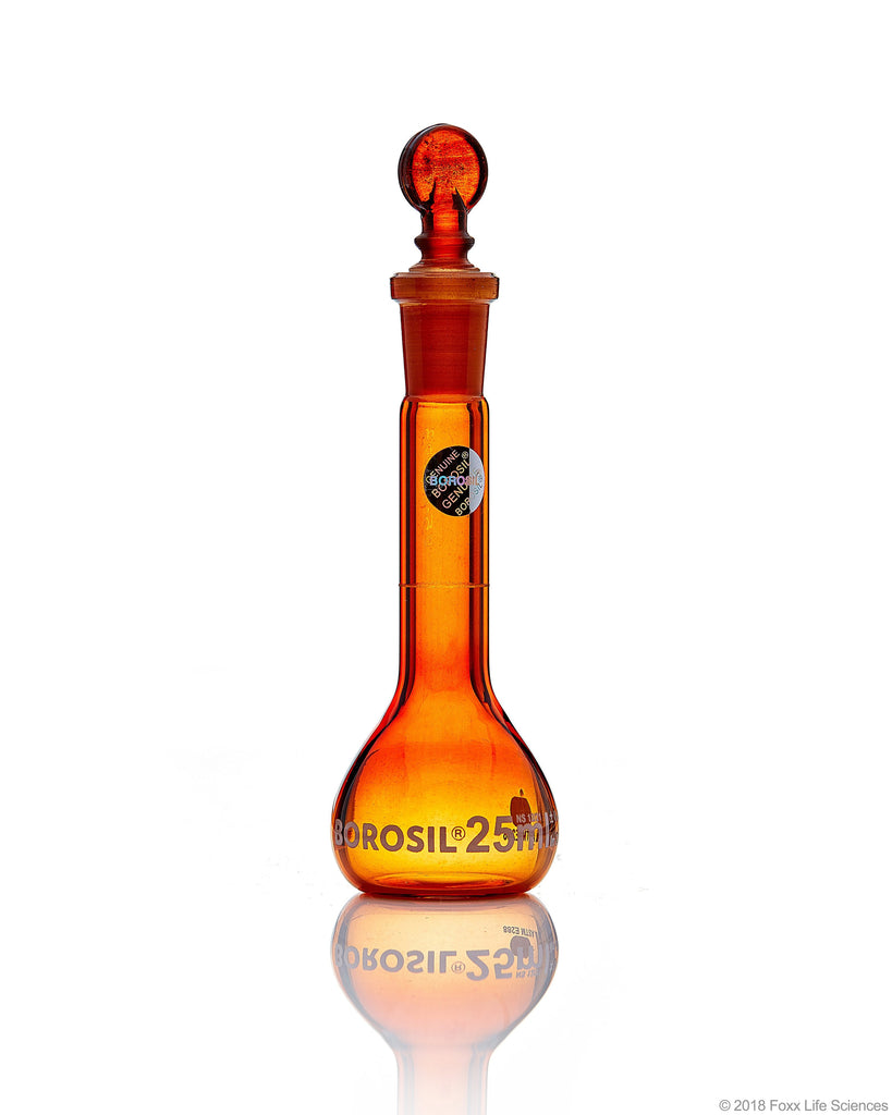 Amber Volumetric Flask - Wide Neck - With Glass I/C Stopper - Class A with Batch certificate - 25 mL - 5/CS - SolventWaste.com