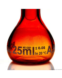 Amber Volumetric Flask - Wide Neck - With Glass I/C Stopper - Class A - Ind Cert 25 mL - 5/CS - SolventWaste.com