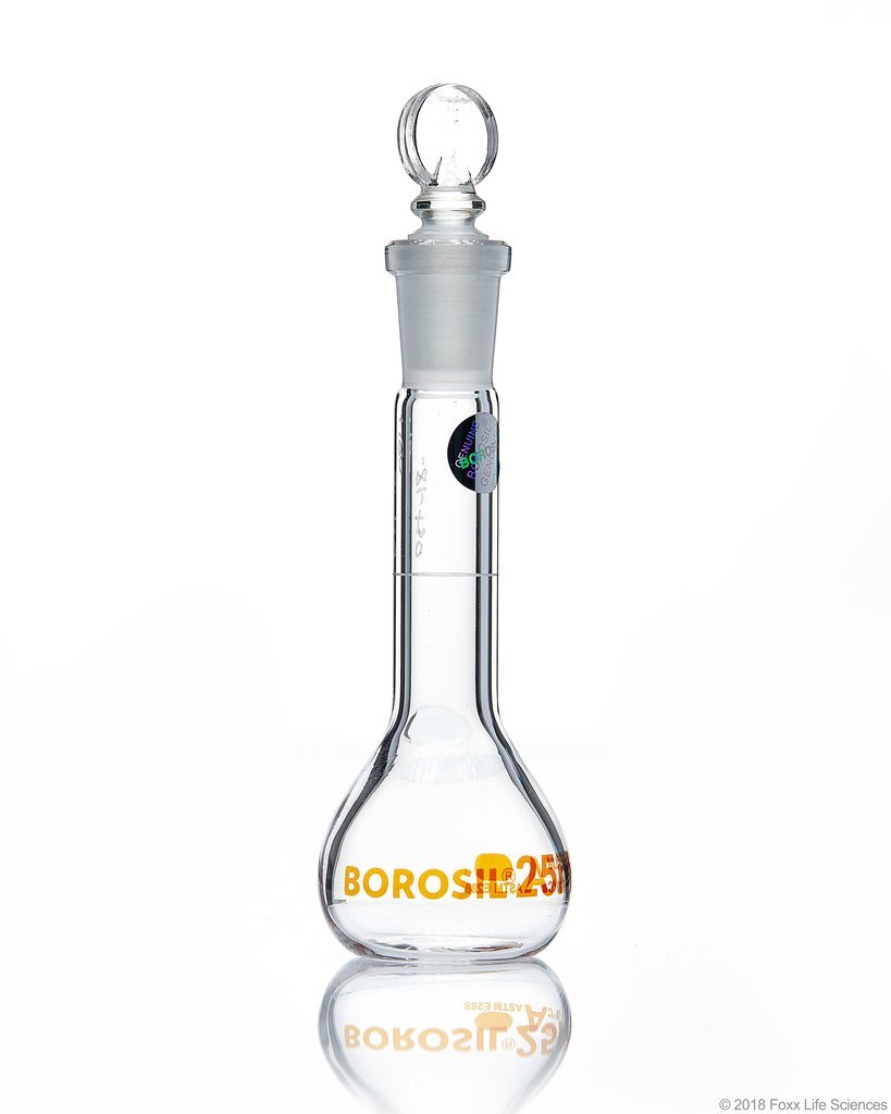 Volumetric Flask - Wide Neck - With Glass I/C Stopper - Class A - Ind Cert 25 mL - SolventWaste.com