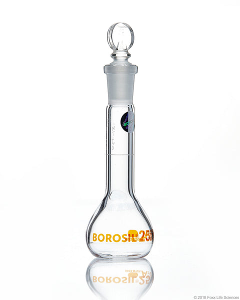 Volumetric Flask - Wide Neck - With Glass I/C Stopper - Class A with Batch certificate - 25 mL - SolventWaste.com
