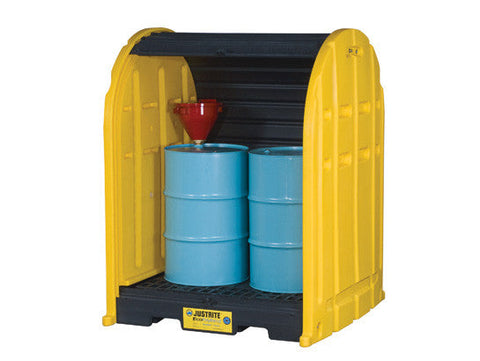 EcoPolyBlend™ DrumShed™ with rolltop doors, accommodates 2 drums, polyethylene - SolventWaste.com