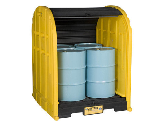 EcoPolyBlend™ DrumShed™ with rolltop doors, accommodates 4 drums, polyethylene - SolventWaste.com