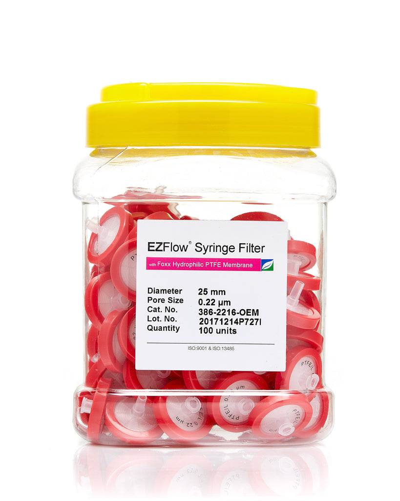 EZFlow® 25mm Syringe Filter, .2µm Hydrophilic PTFE, 100/pack - SolventWaste.com