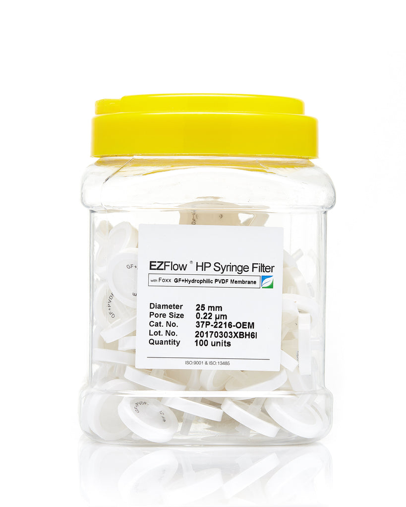 EZFlow® 25mm Syringe Filter, .2µm Hydrophilic PVDF, 100/pack - SolventWaste.com