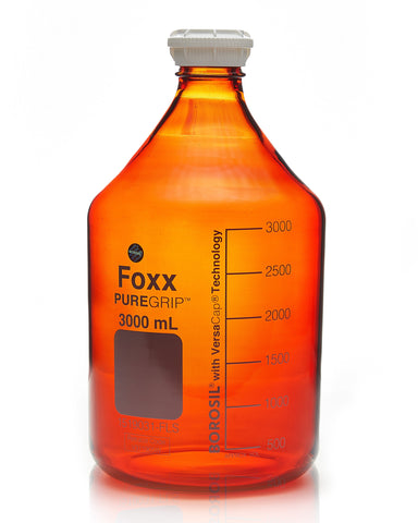 PUREGRIP® Bottles - Reagent - Amber Graduated with GL45 Screw Cap and Pouring Ring - 3000mL - 2/case - SolventWaste.com