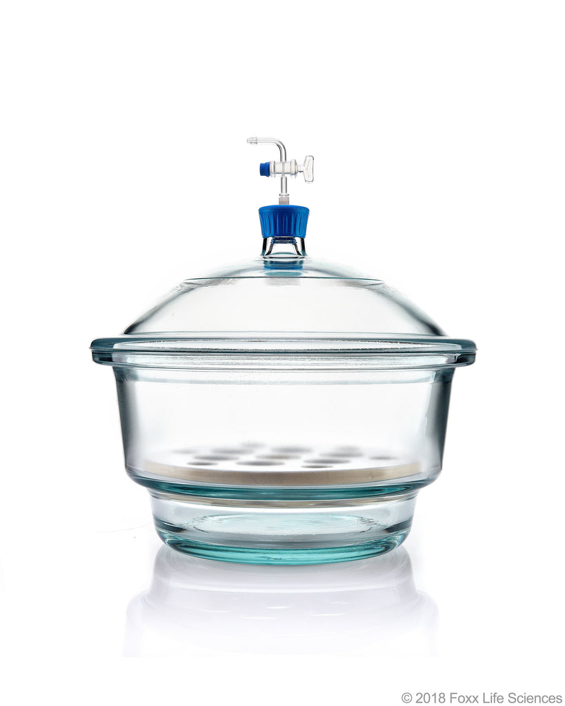 Borosil® Desiccator Vacuum - Stopcock with PTFE spindle and Porcelain plate - 300 mm - Borosilicate - SolventWaste.com