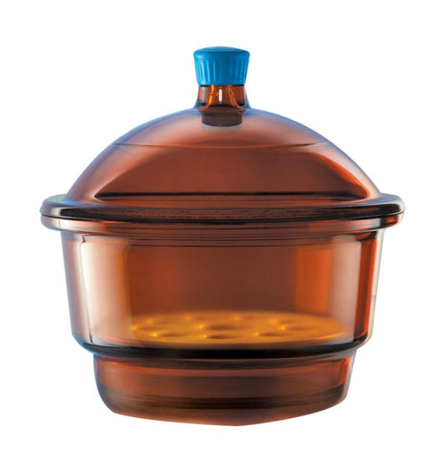 Borosil® Light Blocking Amber Glass Desiccator with Porcelain Plate and Borosilicate Lid with Plastic Knob - Small (S) - 150 mm Diameter - 1/EA - SolventWaste.com