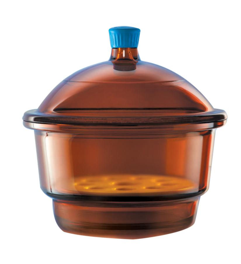 Borosil® Light Blocking Amber Glass Desiccator with Porcelain Plate and Borosilicate Lid with Plastic Knob - Small (S) - 150 mm Diameter - 1/EA - SolventWaste.com