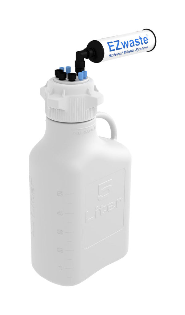 EZwaste® HD Safety Vent Carboy 5L HDPE with VersaCap® 83mm, 4 ports for 1/8" OD Tubing, 3 ports for 1/4" OD Tubing - SolventWaste.com