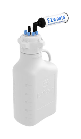 EZwaste® HD Safety Vent Carboy 5L HDPE with VersaCap® 83mm, 6 ports for 1/8" OD Tubing, 1 port for 1/4" HB or 3/8"HB - SolventWaste.com