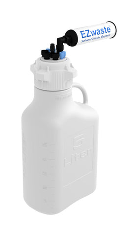 EZwaste® HD Safety Vent Carboy 5L HDPE with VersaCap® 83mm, 4 ports for 1/8" OD Tubing, 3 ports for 1/4" OD Tubing, 1 port for 1/4" HB or 3/8" HB - SolventWaste.com