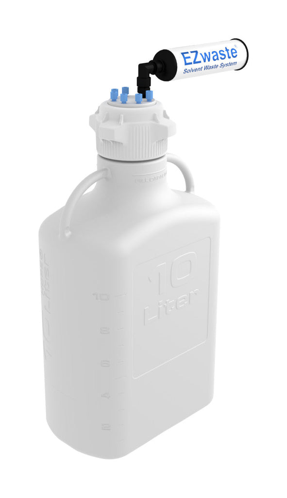 EZwaste® HDSafety Vent Bottle 10L HDPE with VersaCap® 83mm, 6 Ports for 1/8'' OD Tubing and a Chemical Exhaust Filter - SolventWaste.com